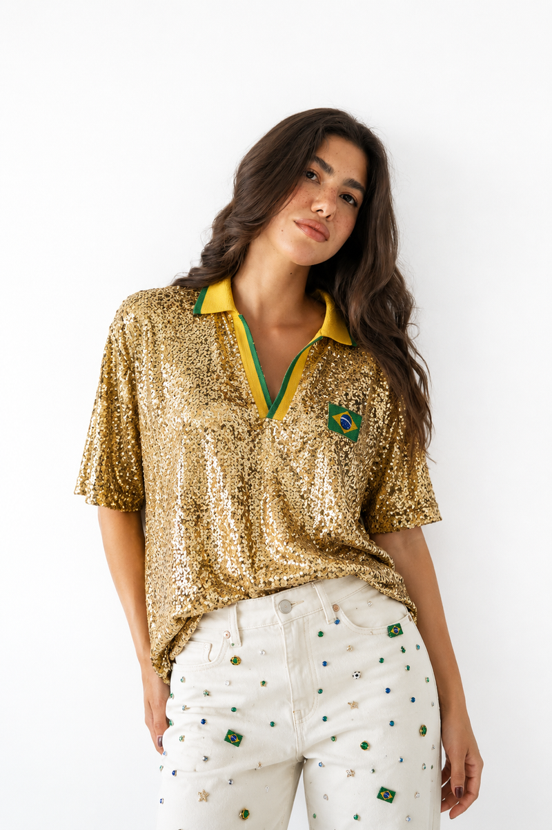 Camisa Polo Paetê Brasil Brilho Dourada